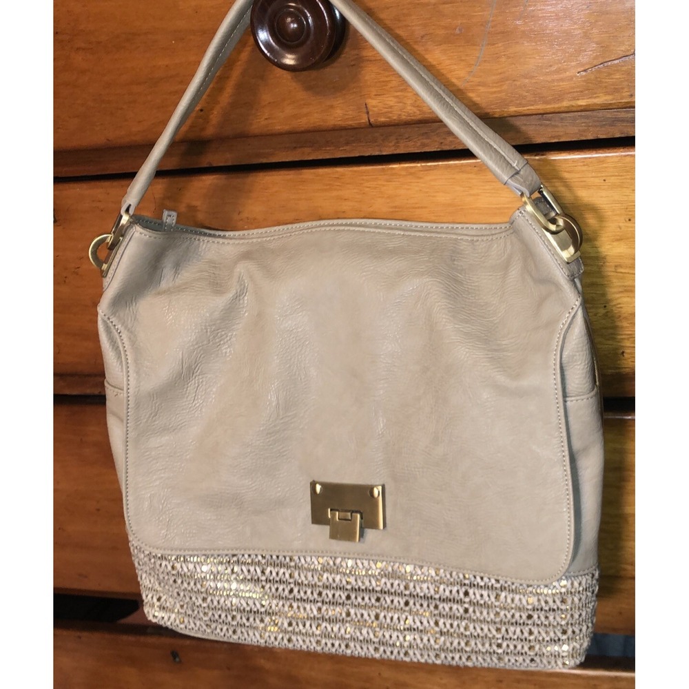 Sondra Roberts Squared, Taupe Gold Color Leather Purse/ Handbag 14 Inches Wide